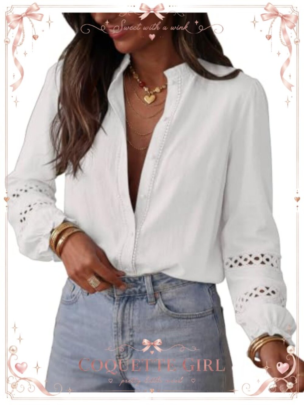 KIRUNDO Cotton Eyelet Button Up Blouse Long Sleeve Lace Ruffle Shirt